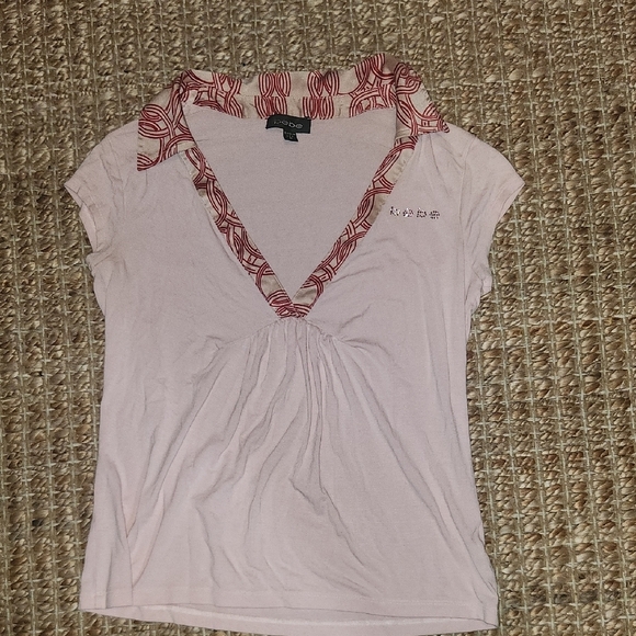 Bebe White and Pink Ruffled Fitted T-Shirt - Picture 1 of 4
